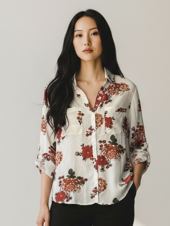 Express Tops - Express White Floral Button-Down Shirt with Red & Orange Blooms